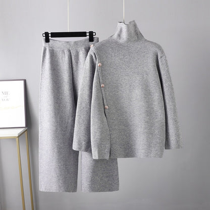 Niche Stand Collar Slit Knitted Turtleneck Sweater and Casual Wide Leg Pants Two Piece Set