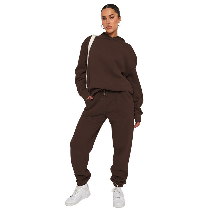 Solid Color Hooded Long Sleeve Sweater and Casual Trousers Suit