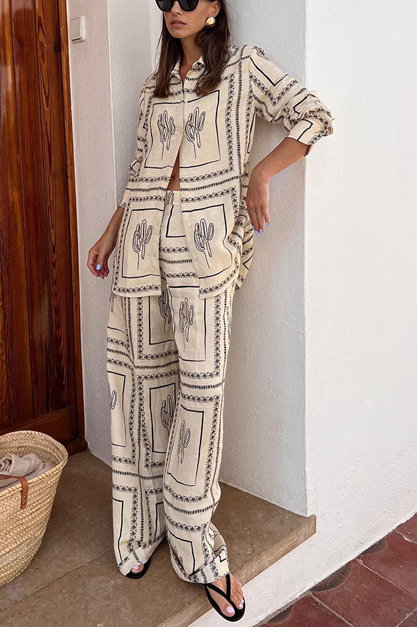 Printed Long Sleeved Shirt Trousers Two Piece Suit