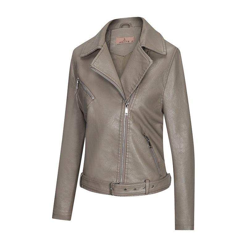 Slim Elegant  Faux Leather Zipper Collared Jacket