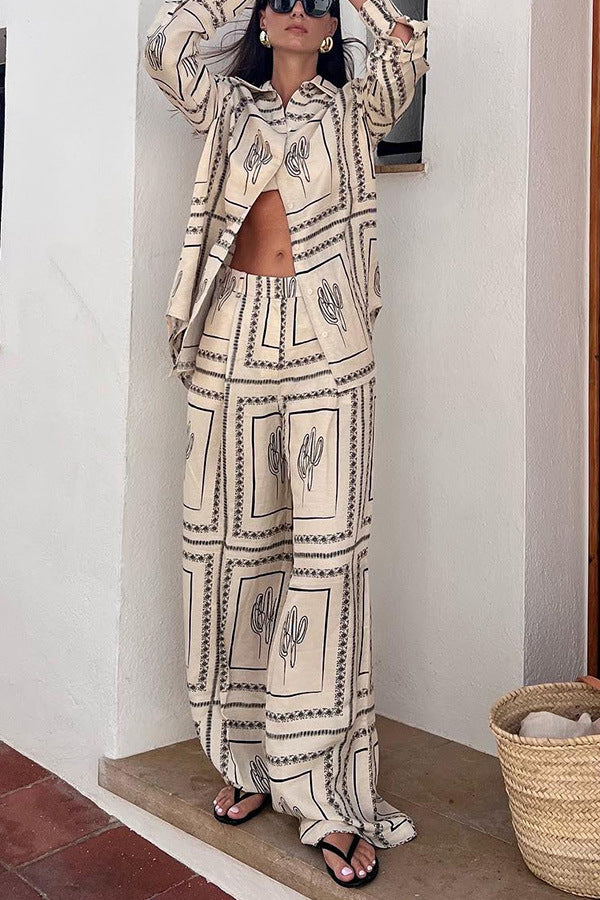Printed Long Sleeved Shirt Trousers Two Piece Suit