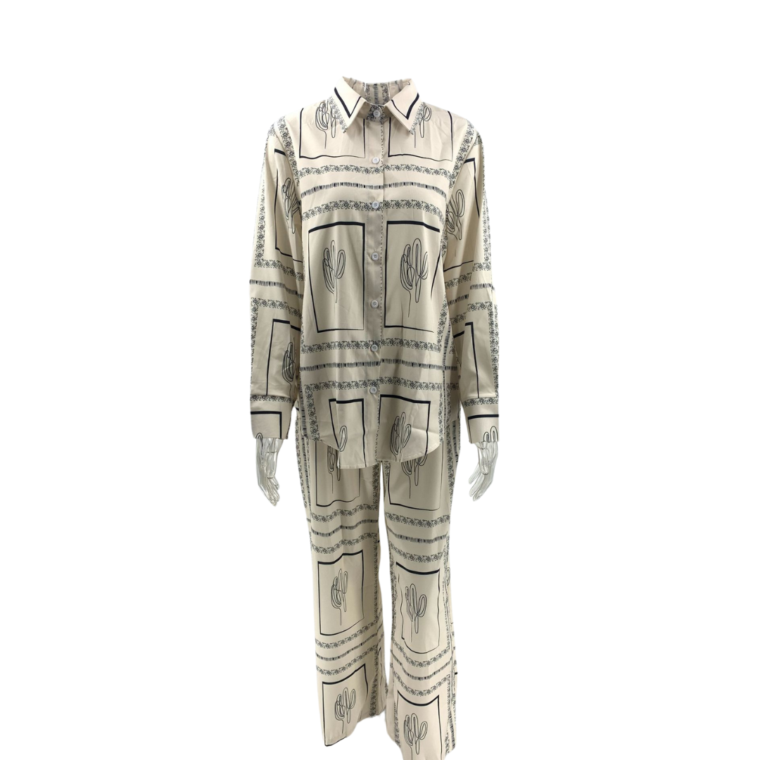 Printed Long Sleeved Shirt Trousers Two Piece Suit