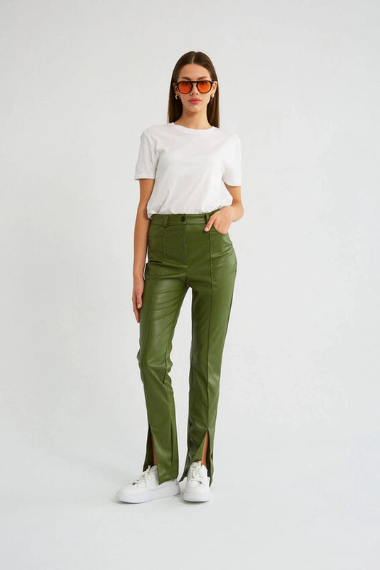 PU Green Leather Pant