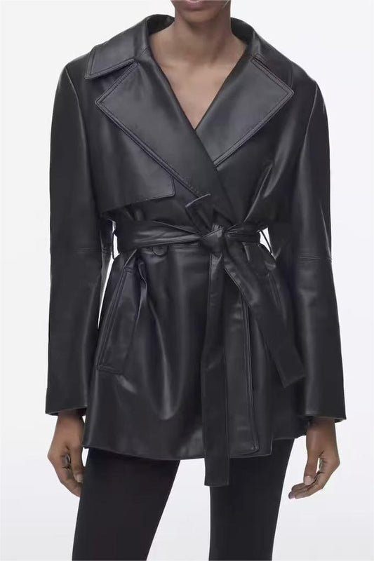 Winter Warm Series Belt Collared Loose Faux Leather Coat