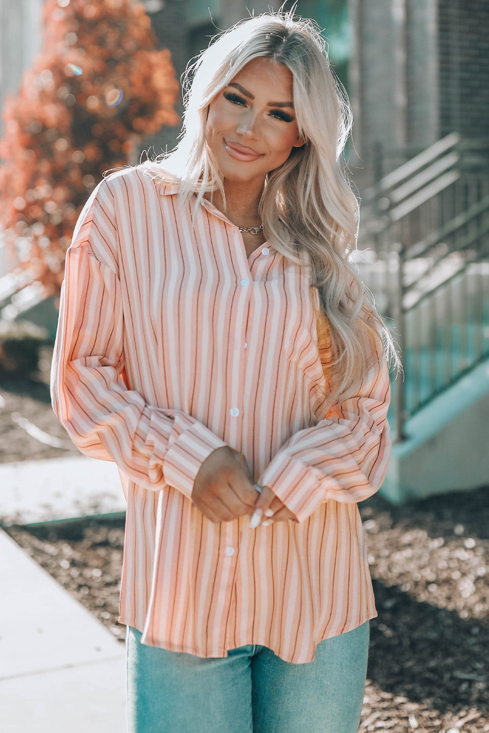 Striped Button-Up Dropped Shoulder Shirt