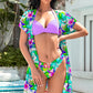 Floral Belted Dress and Halter Neck Bikini Set