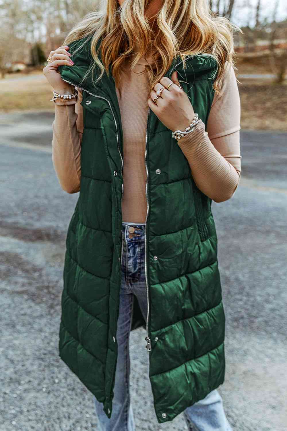 Longline Hooded Sleeveless Puffer Vest