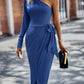 One-Shoulder Pleated Detail Belted Dress