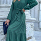 Buttoned V-Neck Puff Sleeve Tiered Dress