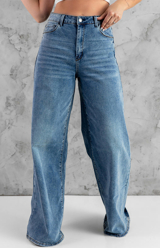 Sky Blue Vintage Wash Casual Wide Leg Jeans
