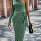 One-Shoulder Pleated Detail Belted Dress