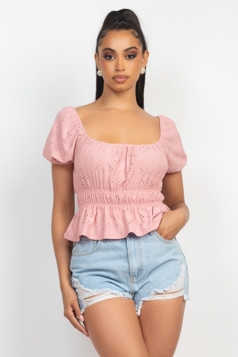 Puff Sleeve Eyelet Peplum Top