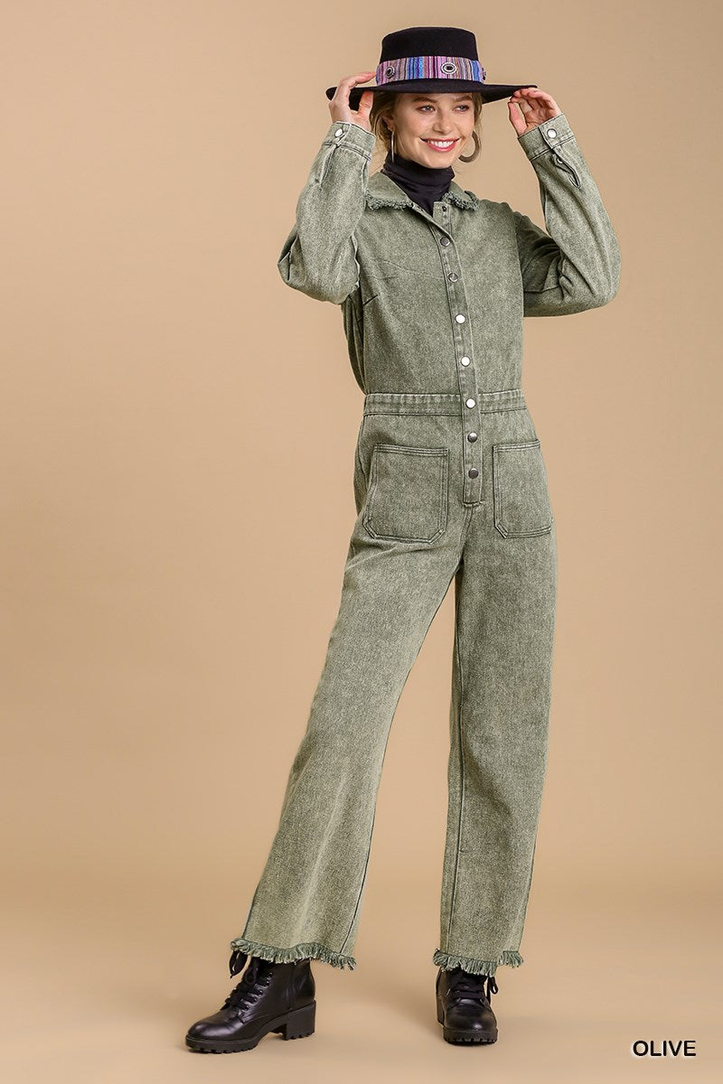 Mid Button Down Stone Wash Wide Leg Jumpsuit