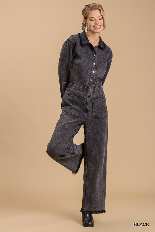 Mid Button Down Stone Wash Wide Leg Jumpsuit