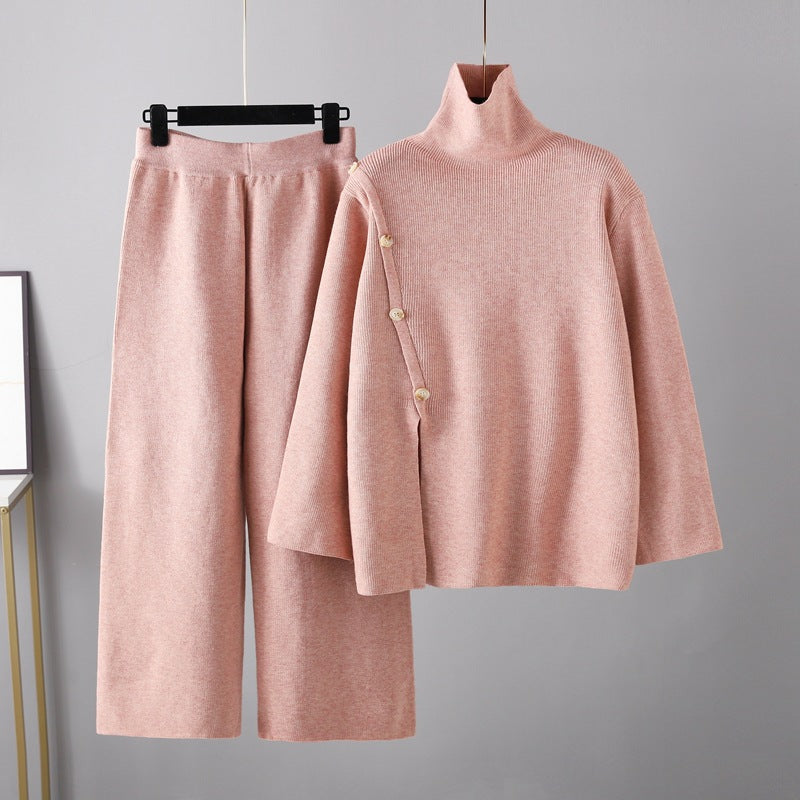 Niche Stand Collar Slit Knitted Turtleneck Sweater and Casual Wide Leg Pants Two Piece Set