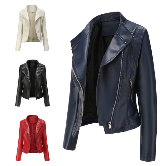 Faux Leather Collared Women Slim-Fit Leather Coat Women