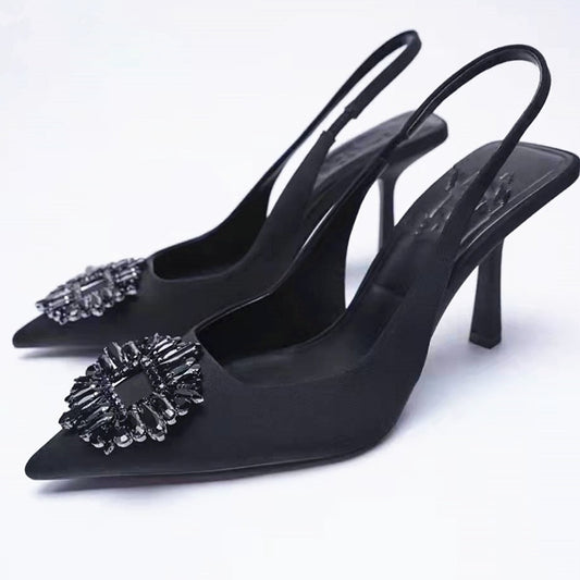 Women Black High Heels Fashion Rhinestone Pumps Elegant Heeled Sandals "Zara's best seller"