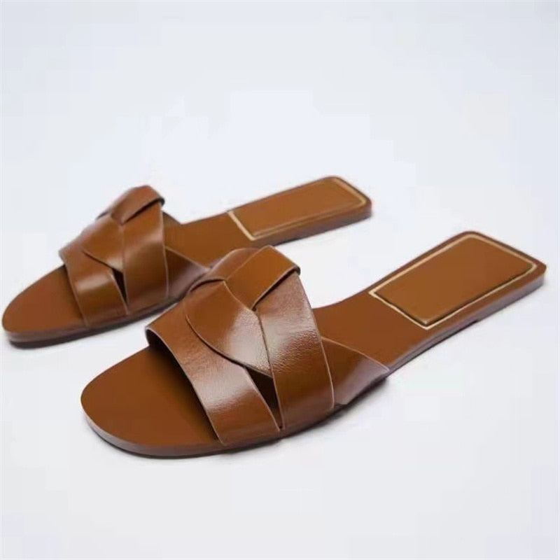 Women Gold Flat Sandals Criss-Cross Leather