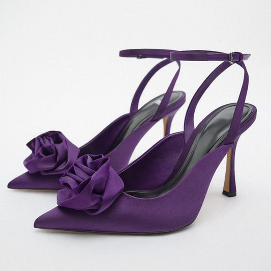 Women Flower High Heels Red or Purple Pointed Stiletto Fashion Sexy Heals "Zara's Best Seller"