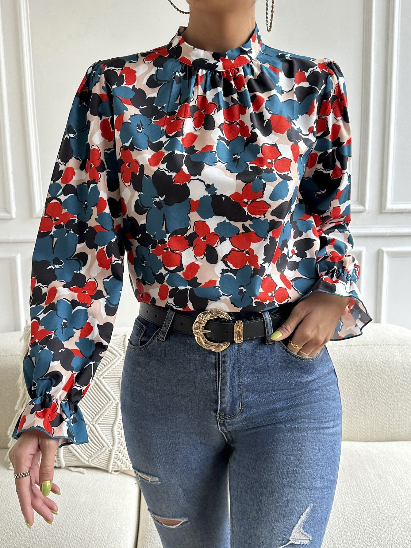 Floral Mock Neck Long Flounce Sleeve Blouse