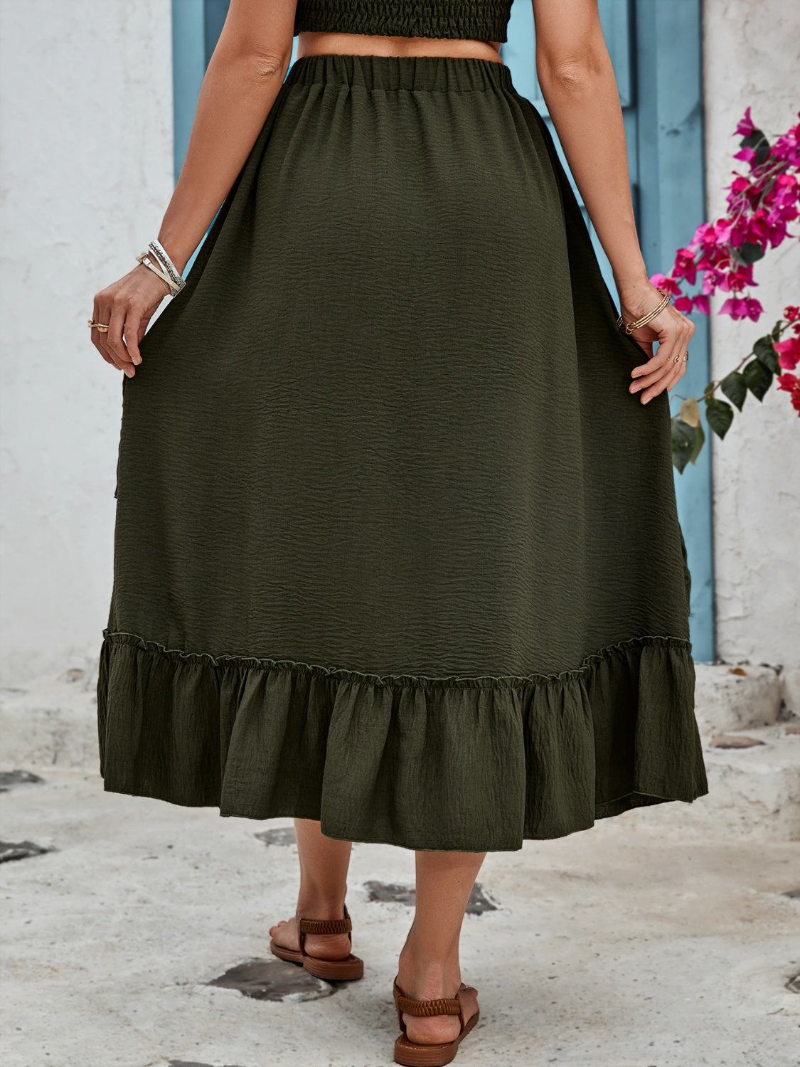 Ruffled Elastic Waist Midi Skirt