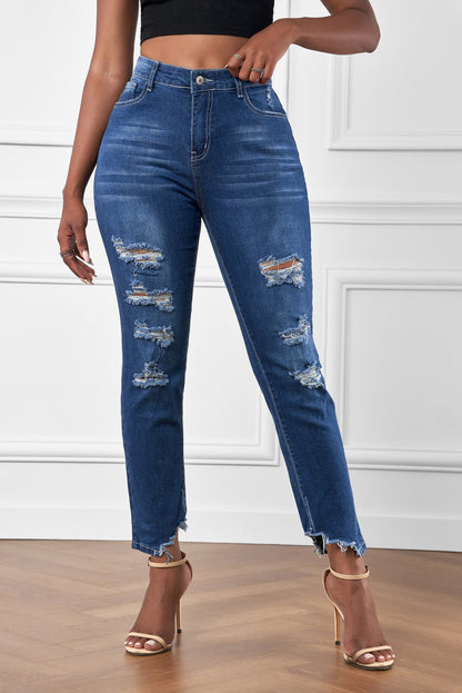 High-Rise Distressed Hem Detail Jeans